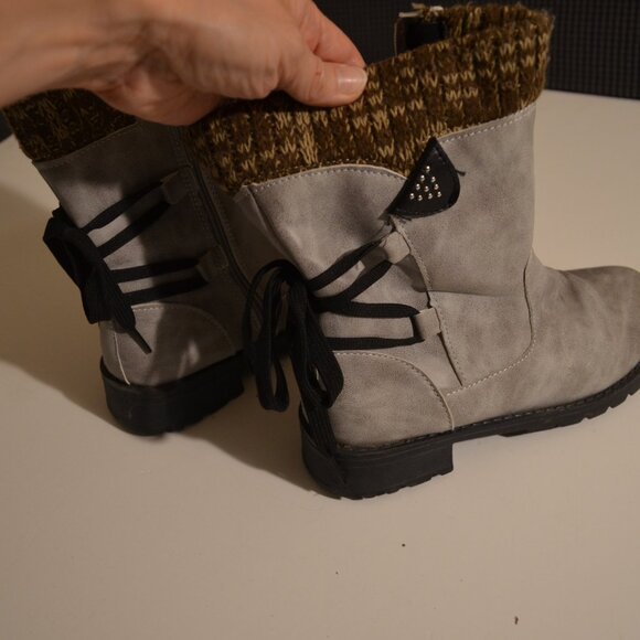 Gray Mid Rise Boots Side Zipper Decorative Back Lace Brown Wool Knit Top Lady 37 - Picture 4 of 7